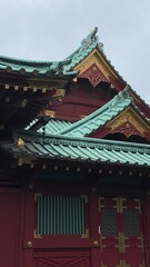 Shinto shrine architectural details, “Kandamyojin” year 2022 June 15th.  Rainy weekday in Tokyo Japan.