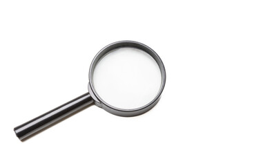 Magnifying glass. Magnify tool isolated, white background. Loupe with black metal frame and handle