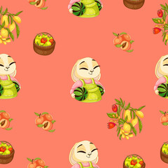 Beautiful seamless pattern on a pink background with cute rabbits, delicious peaches, lemons and apples. Texture for scrapbooking, wrapping paper, invitations. Vector illustration.