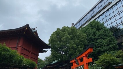 Japanese shrine scene, “Kandamyojin” established in year 730, an ancient landmark relocated to this Kanda location year 1616.  Shot taken year 2022 June 15th rainy weekday Tokyo Japan