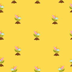 Cute seamless pattern on a yellow background with botanical flowers. Texture for scrapbooking, wrapping paper, invitations. Vector illustration.