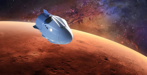 Spaceship on orbit of Mars planet. Space fiction wallpaper with red planet and spacecraft expedition. Astronauts on Mars. Elements of this image furnished by NASA