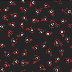 Line Santa Claus bag gift icon isolated seamless pattern on black background. Christmas presents sack. Merry Christmas and Happy New Year. Vector