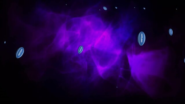Animation of rugby balls with scotland text over purple shapes on black background