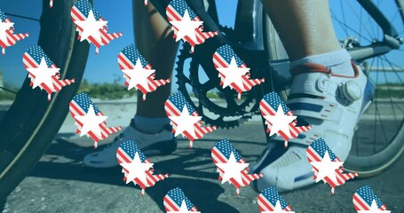Animation of flag of usa and stars over caucasian woman cycling - Powered by Adobe