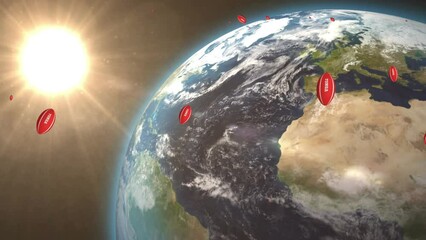 Animation of rugby balls with tonga text over globe - Powered by Adobe