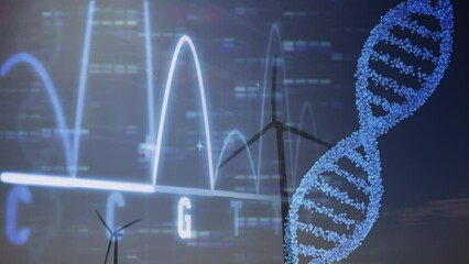 Animation of data processing and dna strand over wind turbines - Powered by Adobe