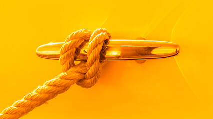 Rope Tied in Loop Around Cleat on a Boat in Gold and Yellow