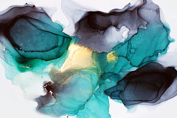 Abstract fluid ink painting background in green black colors with golden splashes.