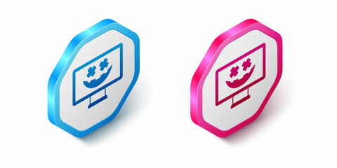 Isometric Happy Halloween holiday icon isolated on white background. Hexagon button. Vector