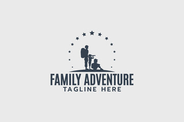 family adventure logo with a picture of a father, mother and child having fun doing outdoor activities.