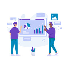 Teamwork Business Growth with Chart Presentation on Screen Man People Flat Illustration