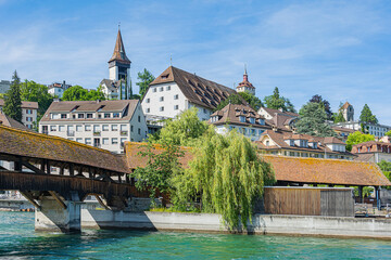 Spreuerbrücke, Luegislandturm, Altes Zeughaus, Stadt Luzern, Schweiz - obrazy, fototapety, plakaty