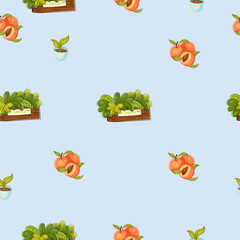 Cute seamless pattern on a blue background with delicious peaches, and cute gardening tools. Texture for scrapbooking, wrapping paper, invitations. Vector illustration.