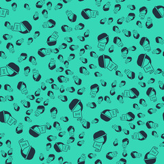 Black Measuring cup pouring liquid into bowl icon isolated seamless pattern on green background. Plastic graduated beaker with handle. Vector