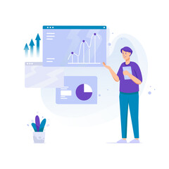 Marketing Growth People Man Presentation with Big Screen and Chart, arrow up Flat Illustration