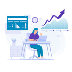 Fototapeta na wymiar Marketing Growth Woman On the Desk with Data Chart Up and Laptop People Flat Illustration