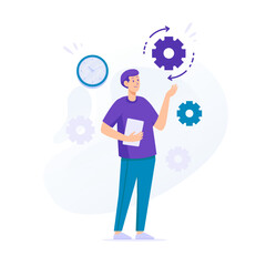 Setting System Man Holding Tab Gesture with Gear Icon Concept Flat Illustration