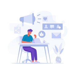 Social Media Content Man on the Desk with Tab multiple icons and notification Concept Flat Illustration