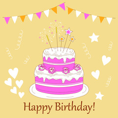 Happy Birthday greeting card template. Birthday party banner with cake, vector illustration.