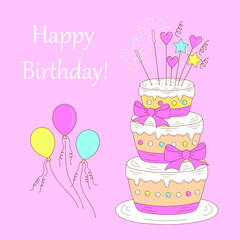 Happy Birthday greeting card template. Birthday party banner with cake, vector illustration.