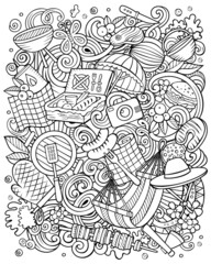 Picnic hand drawn raster doodles illustration. BBQ poster design.