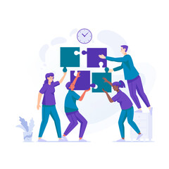 Team Building Diverse People Teamwork holding Puzzle Concept Flat Illustration