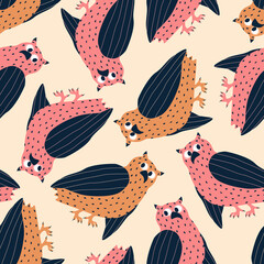 Cute owls hand drawn vector illustration. Funny colorful birds in flat style seamless pattern for kids fabric or wallpaper.