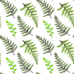 Watercolor seamless pattern with fern leaves, brunches, summer forest background.