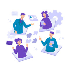 Teamwork Business Online Meeting Concept on Monitor Screen with multiple icons Flat Illustration