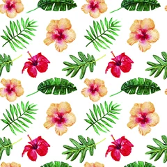 Fotobehang Tropische planten Watercolor seamless pattern with palm leaves, flowers, summer autumn background.