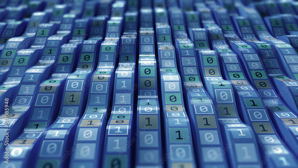 Aufkleber Binary code waves, wavy lines digital global data flow concept. 3D illustration of big data clusters structured into a high-tech database cyber algorithm