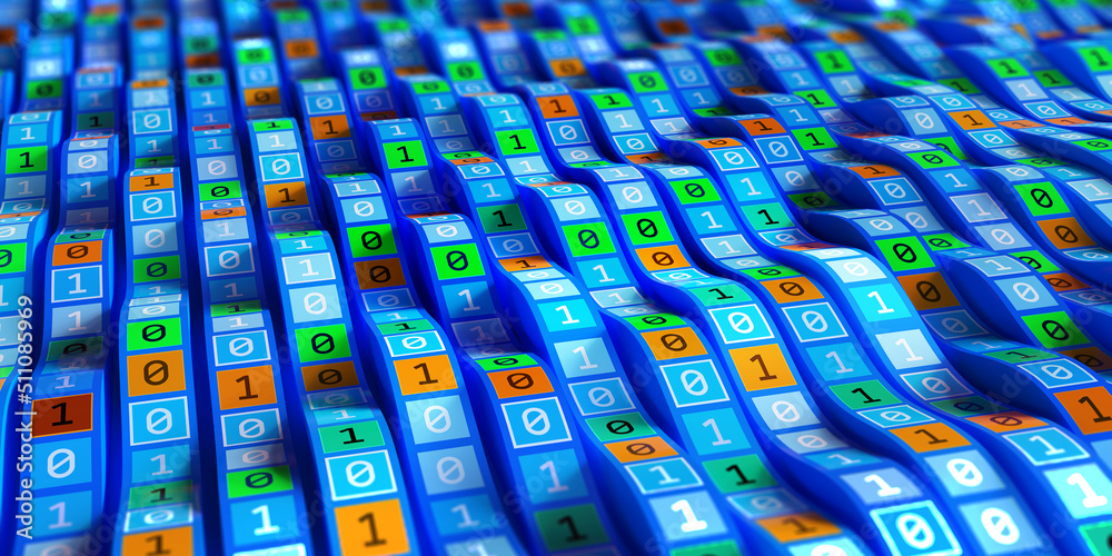 Poster Binary code waves, wavy lines digital global data flow concept. 3D illustration of big data clusters structured into a high-tech database cyber algorithm