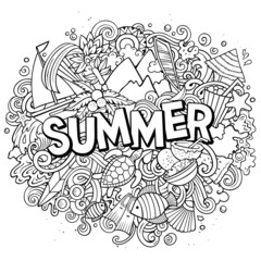 Summer hand drawn cartoon doodles illustration. Funny seasonal design.