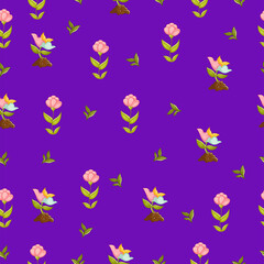 Cute spring seamless pattern on a purple background with beautiful plants, botanical flowers and herbs. Texture for scrapbooking, wrapping paper, invitations. Vector illustration.