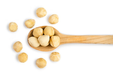 Dried hazelnuts in wooden spoon isolated on white background. Top view. Close-up. Banner. Selective focus.