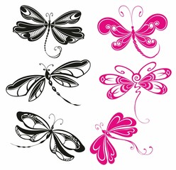Set of stylized dragonflies. Collection of linear flying dragonflies. Vector illustration of on a white background.