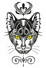 Fototapeta na wymiar Cat with luminous eyes. Perfect Halloween background, tattoo art, boho design, occult. Ideal for printing, posters, t-shirts, textiles. Vector illustration.