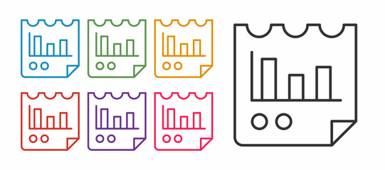 Fototapeta premium Set line Document with graph chart icon isolated on white background. Report text file icon. Accounting sign. Audit, analysis, planning. Set icons colorful. Vector