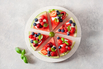 watermelon pizza slices with yogurt and berries, summer dessert