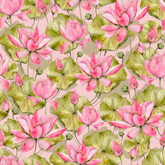Pink Hand Drawn Watercolor Lotus Flowers Seamless Pattern. Watercolour Water Lily Digital Paper on a Pink Background. Floral Print perfect for Wrapping Paper, Fabric, Textile and Wallpaper 