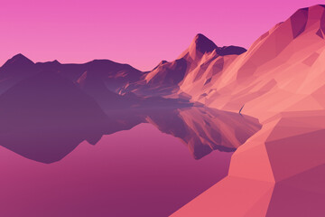 mountain reflecting in lake, low poly landscape