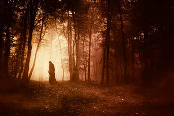 mysterious cloaked silhouette in dark forest