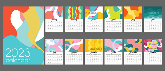 Abstract A4 calendar 2023 with trendy colorful spots. Cover and 12 monthly pages isolated on grey background. Week starts on Sunday, A3 A2 A6 formats. With place for notes.