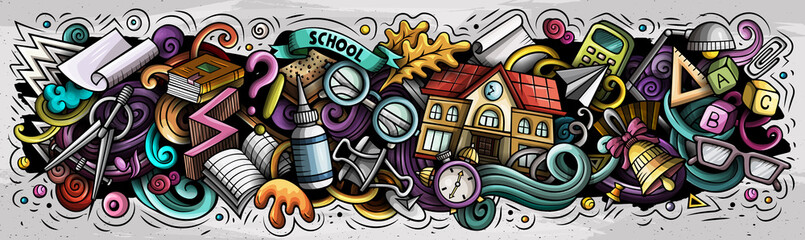Cartoon cute doodles School banner design. Colorful illustration - obrazy, fototapety, plakaty