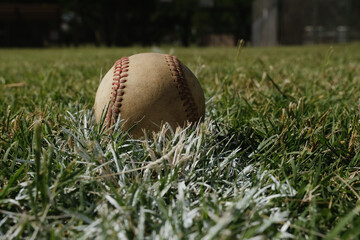 Used game ball laying on baseball foul line in grass outfield on park field for sport.