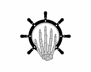 skeleton hand with ship steering wheel behind