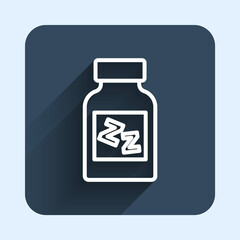 White line Sleeping pill icon isolated with long shadow background. Blue square button. Vector
