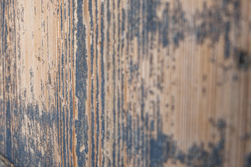 Close up chipped and cracked wood, natural and blue color. Selective focus.