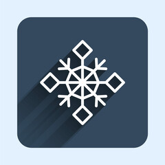 White line Snowflake icon isolated with long shadow background. Merry Christmas and Happy New Year. Blue square button. Vector